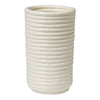White ceramic vase with a ribbed texture and smooth, glossy finish. Elegant and modern design for home decor.