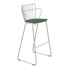 Green patterned seat with a sleek white wire frame bar stool, modern design perfect for contemporary spaces.
