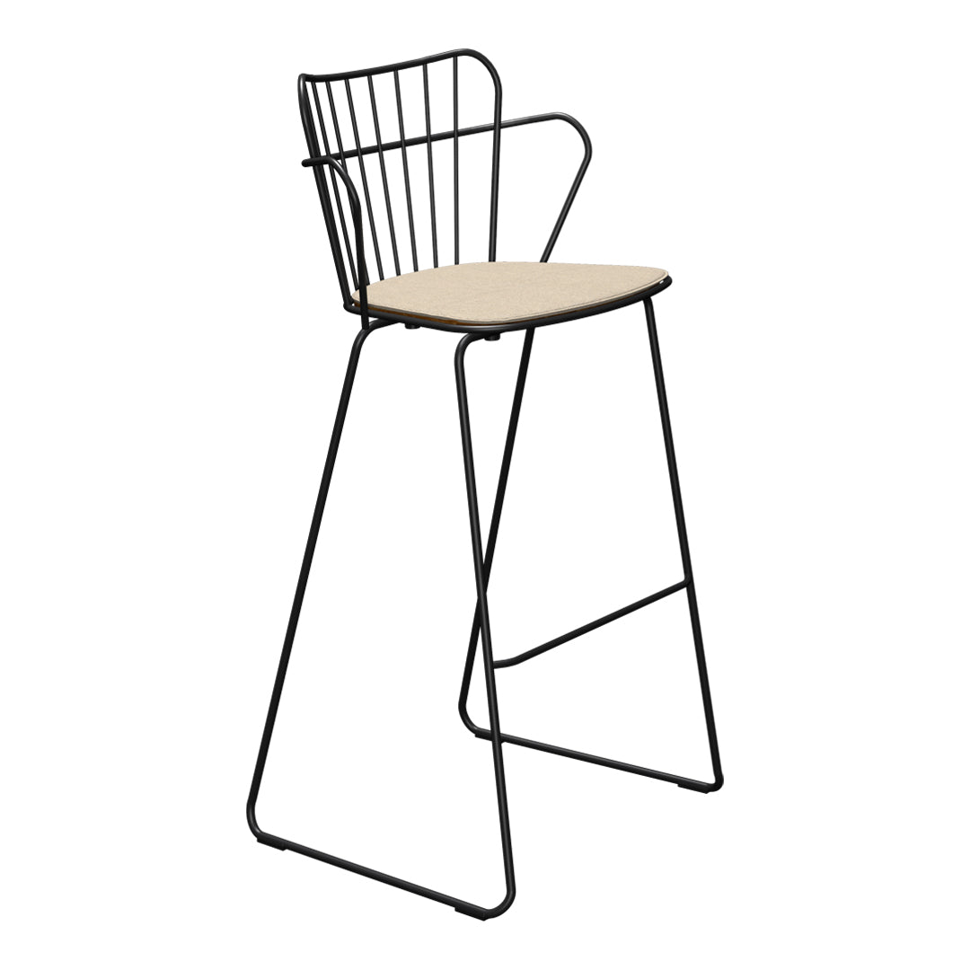 Black wire bar stool with a natural wood seat and minimalist design, showcasing modern industrial patterns.