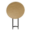 Natural oak finish with a smooth texture and sleek black metal stand, featuring a minimalist design.