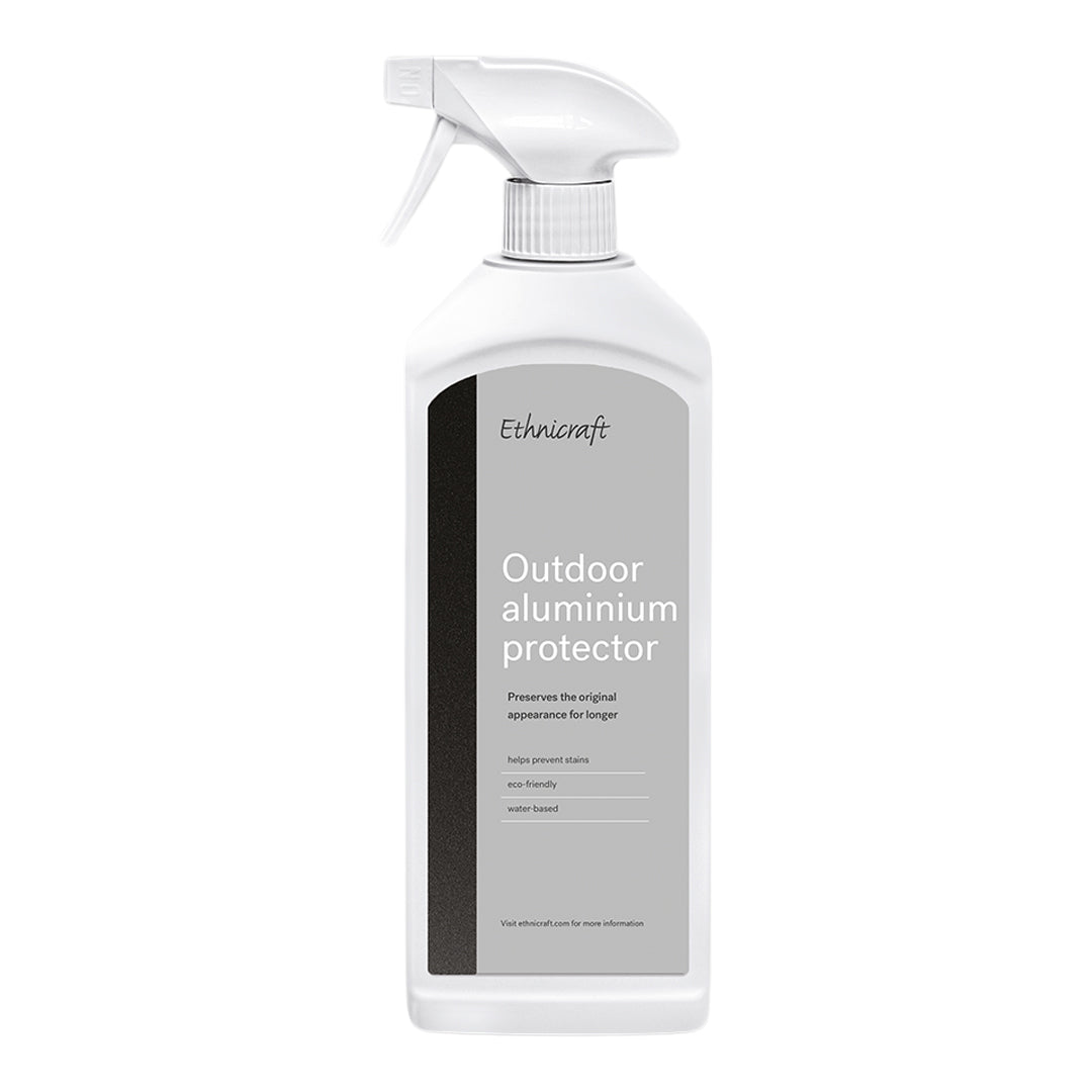White spray bottle with a gray and black label for outdoor aluminum protector. Simple, modern design.