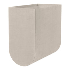 Light beige fabric storage bin with a smooth, minimalist design and rounded edges. Ideal for modern decor.