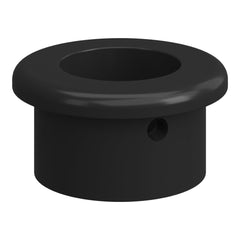 Black round rubber grommet with smooth finish and a central hole, ideal for various applications.