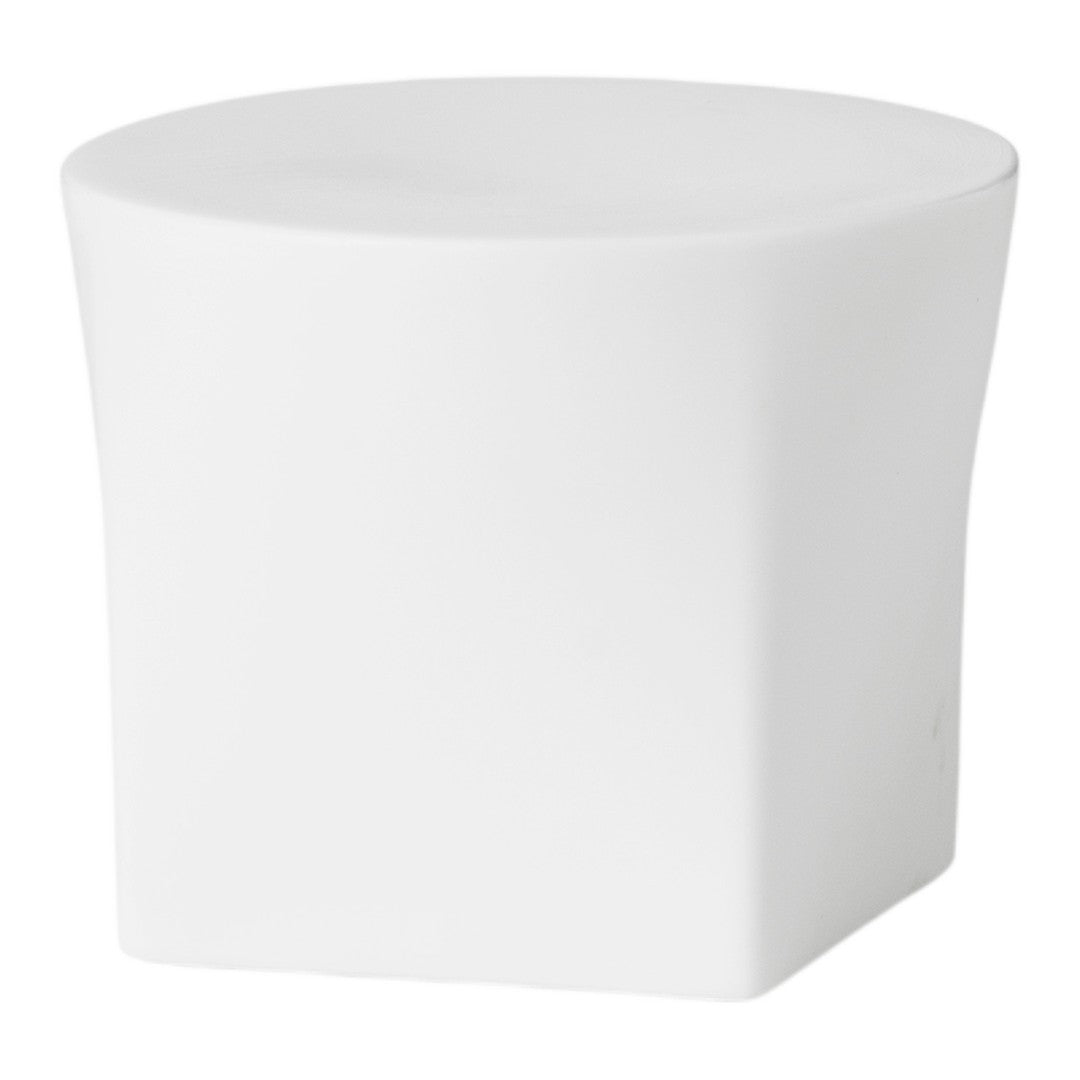 White geometric stool with smooth, clean lines and a minimalist design, perfect for modern decor.