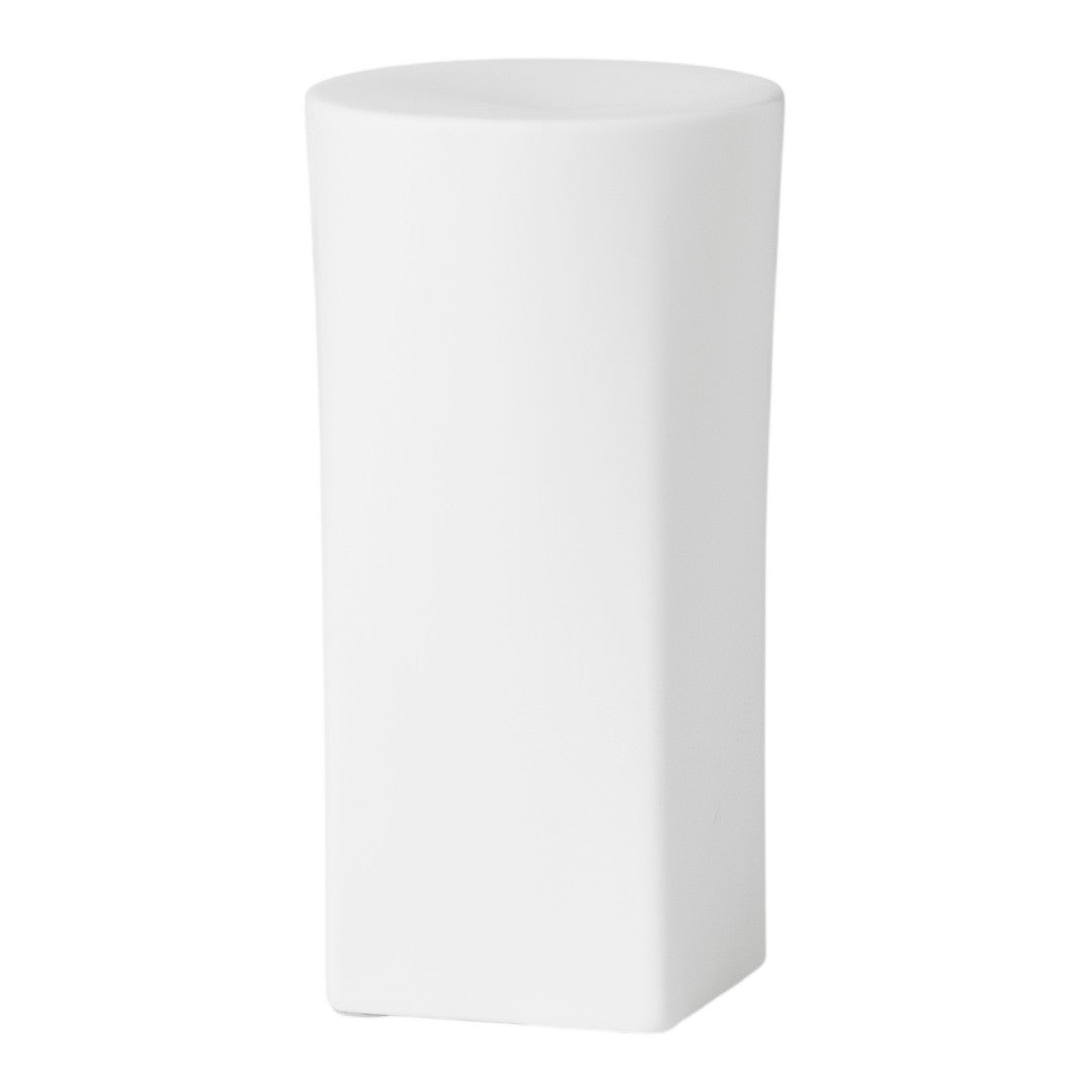 White cylindrical pedestal with a smooth, matte finish, perfect for showcasing products or decor items.