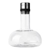 Clear glass carafe with a sleek black and silver metal cap, featuring a modern, minimalist design.
