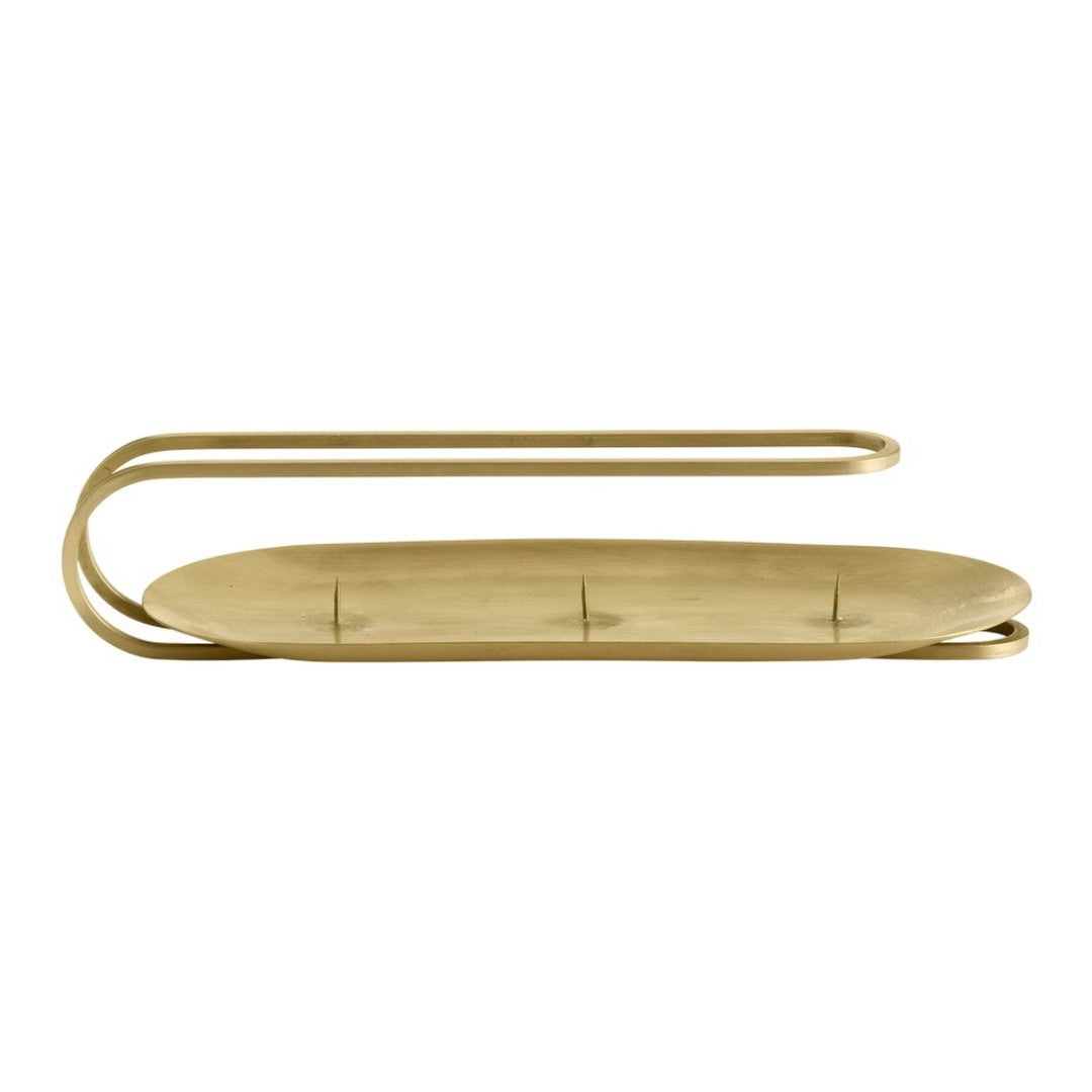 Sleek gold metal tray with a modern, minimalist design and smooth curves. Perfect for stylish home decor.