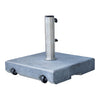 Gray concrete umbrella base with a sleek silver pole and black wheels for easy mobility. Simple and functional design.