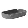 Gray felt storage basket with a sleek design and subtle white trim. Ideal for organizing essentials.