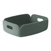 Green textured storage basket with rounded edges and handles, perfect for organizing any space.