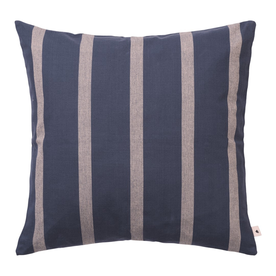 Navy blue pillow with wide beige stripes, adding a modern touch to home decor. Perfect for stylish interiors.
