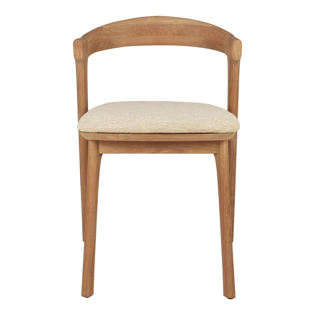 Light wood chair with a natural finish, featuring a beige textured seat cushion and a curved backrest design.