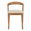 Light wood chair with a natural finish, featuring a beige textured seat cushion and a curved backrest design.