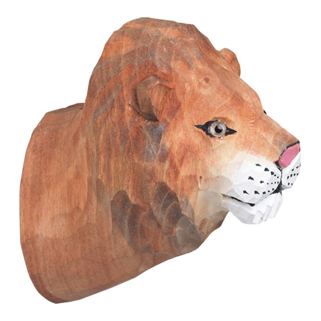 "Wooden lion head sculpture featuring rich brown hues and intricate detailing, showcasing a textured finish."