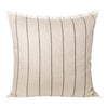 Beige pillow with vertical black stripes and fringe detailing for a textured, modern look. Perfect for any decor.