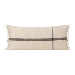 Light beige lumbar pillow with a dark gray stripe and fringed edges, perfect for adding texture to your decor.
