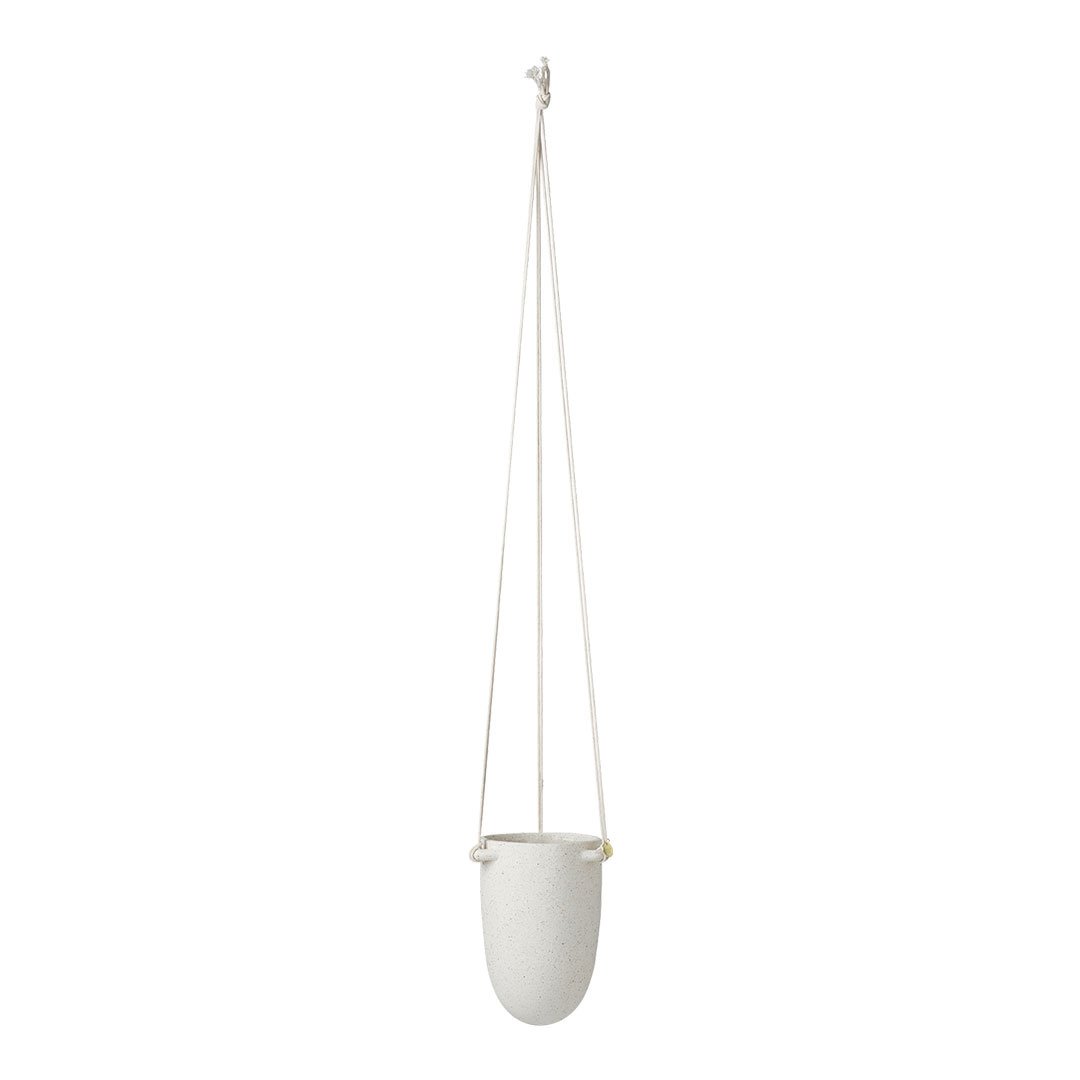 Hanging planter in smooth white finish with minimalist design and natural rope suspension.