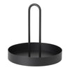 Black round tray with a minimalist design and a sturdy handle, featuring a smooth finish. Perfect for stylish organization.