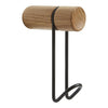 Natural wood grain with a light oak finish and sleek black metal hook design, creating a modern contrast.