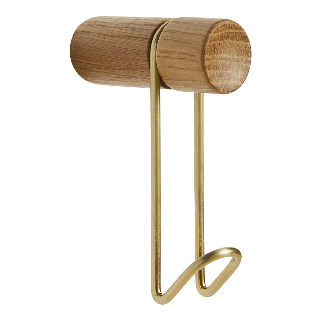 Natural wood finish with a smooth grain pattern, paired with a sleek gold metal hook for a modern look.