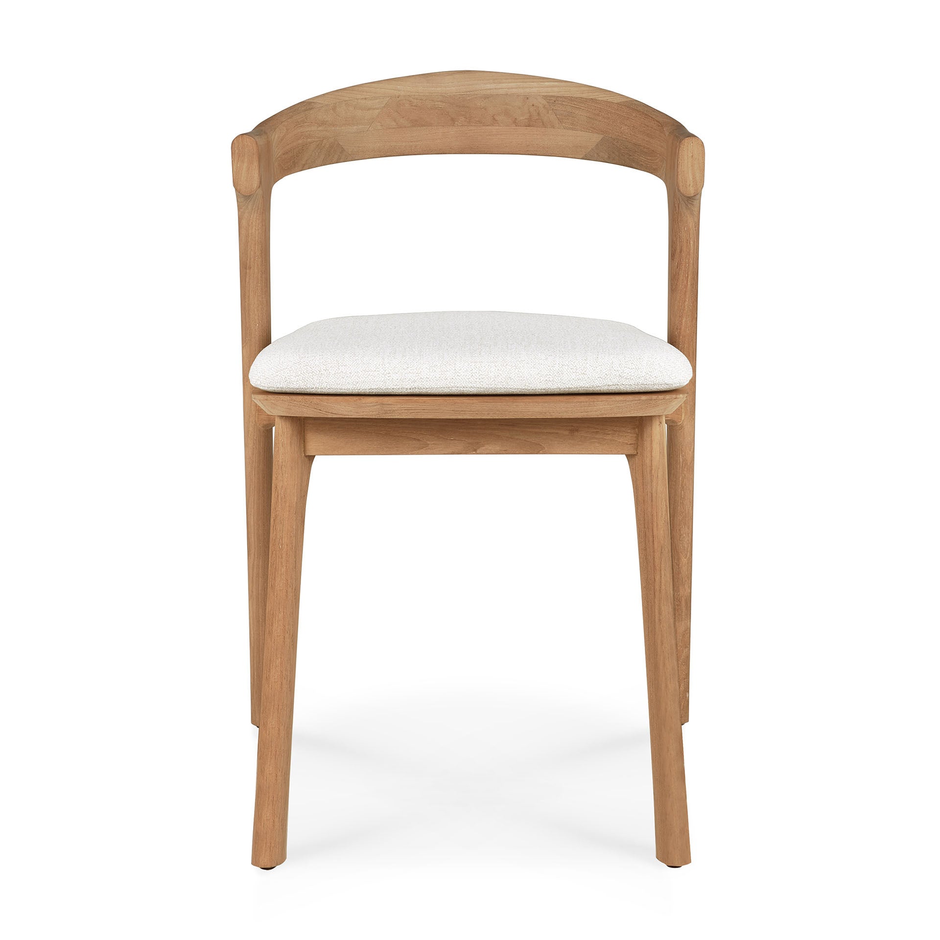 Natural wood chair with a light beige fabric seat, featuring a smooth, minimalist design.