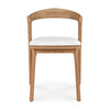 Natural wood chair with a light beige fabric seat, featuring a smooth, minimalist design.