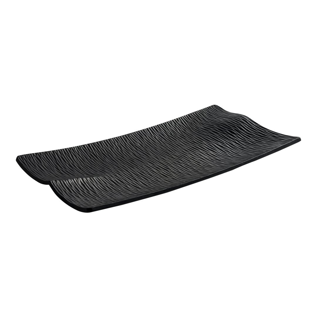 Black serving platter featuring a textured wavy pattern, perfect for modern dining settings.