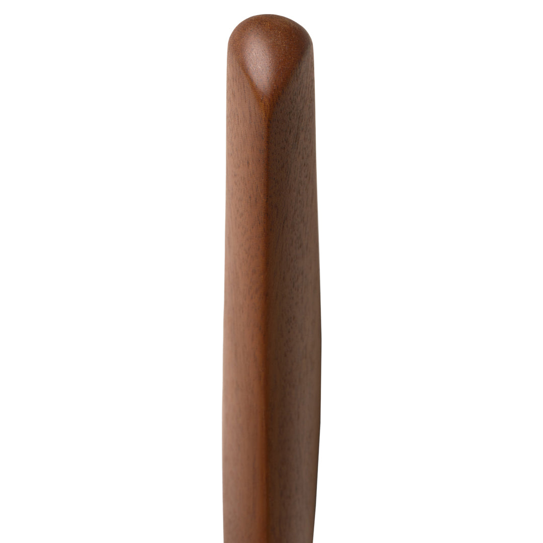 Brown wooden kitchen tool with a smooth, tapered design and a polished finish. Ideal for cooking and serving.