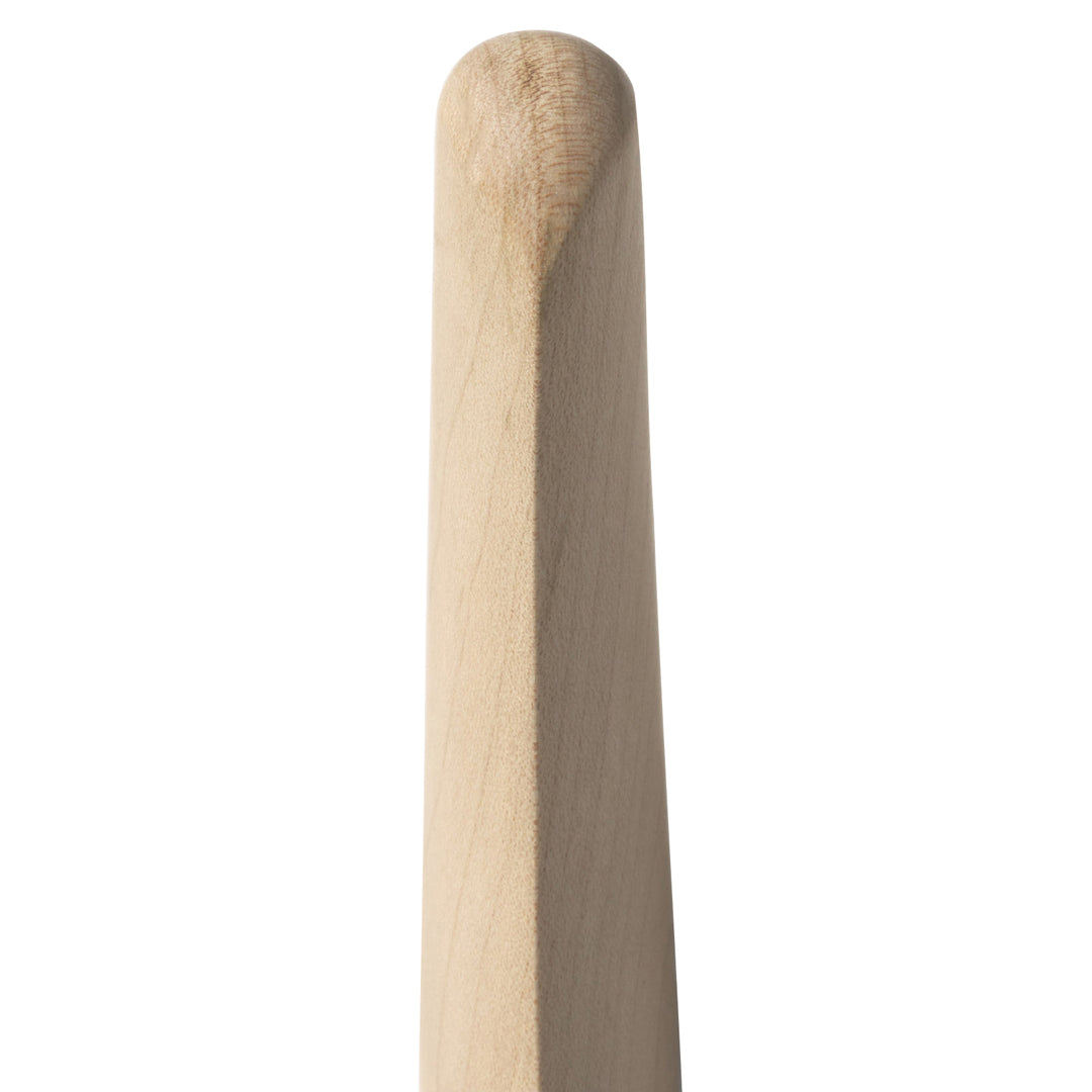 Natural wood rolling pin with a smooth, light finish and tapered end, perfect for baking.