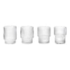 Set of four clear glass tumblers featuring vertical ribbed texture and varying heights. Perfect for modern table settings.