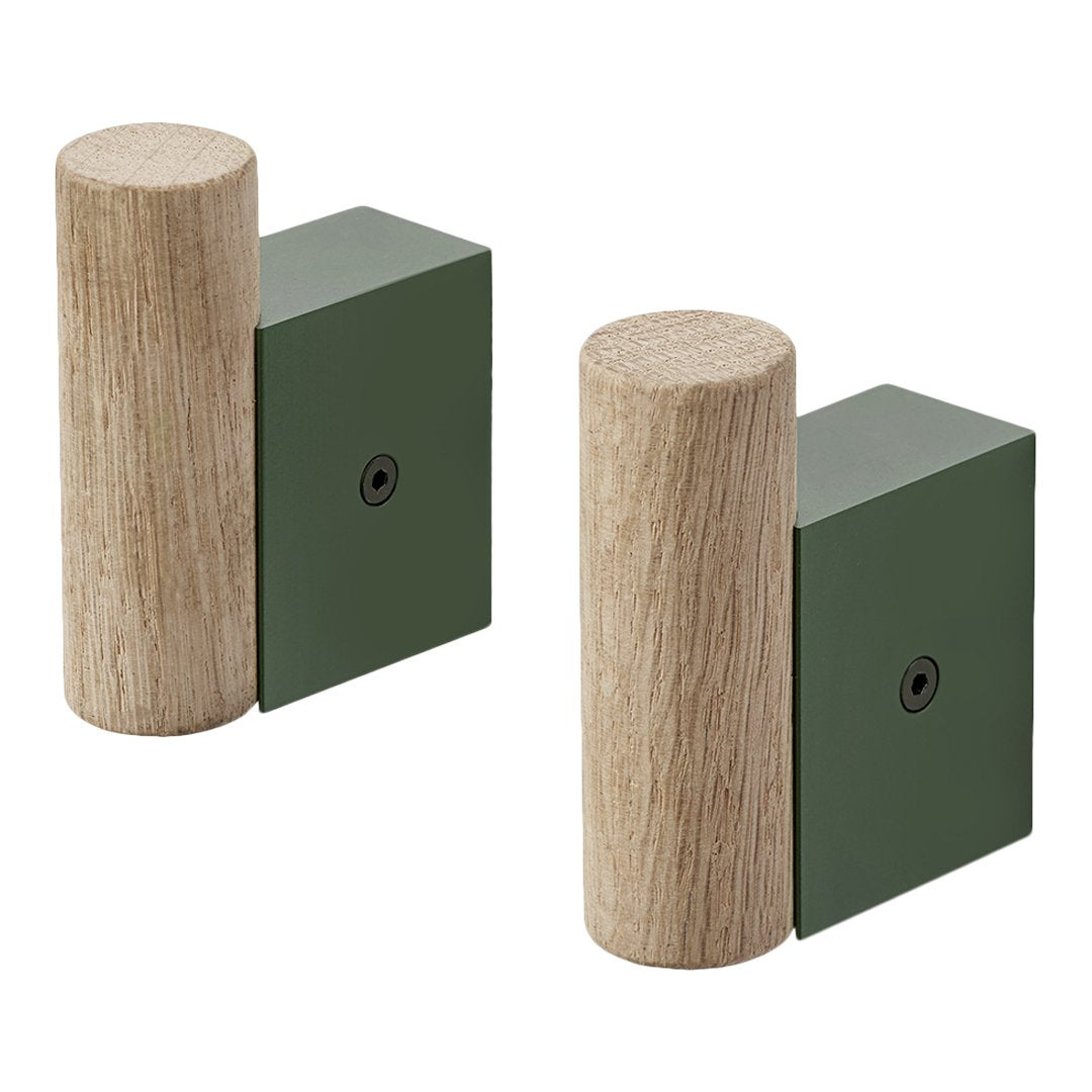 Pair of wall hooks featuring an oak finish and muted olive green square accents, combining natural and modern aesthetics.