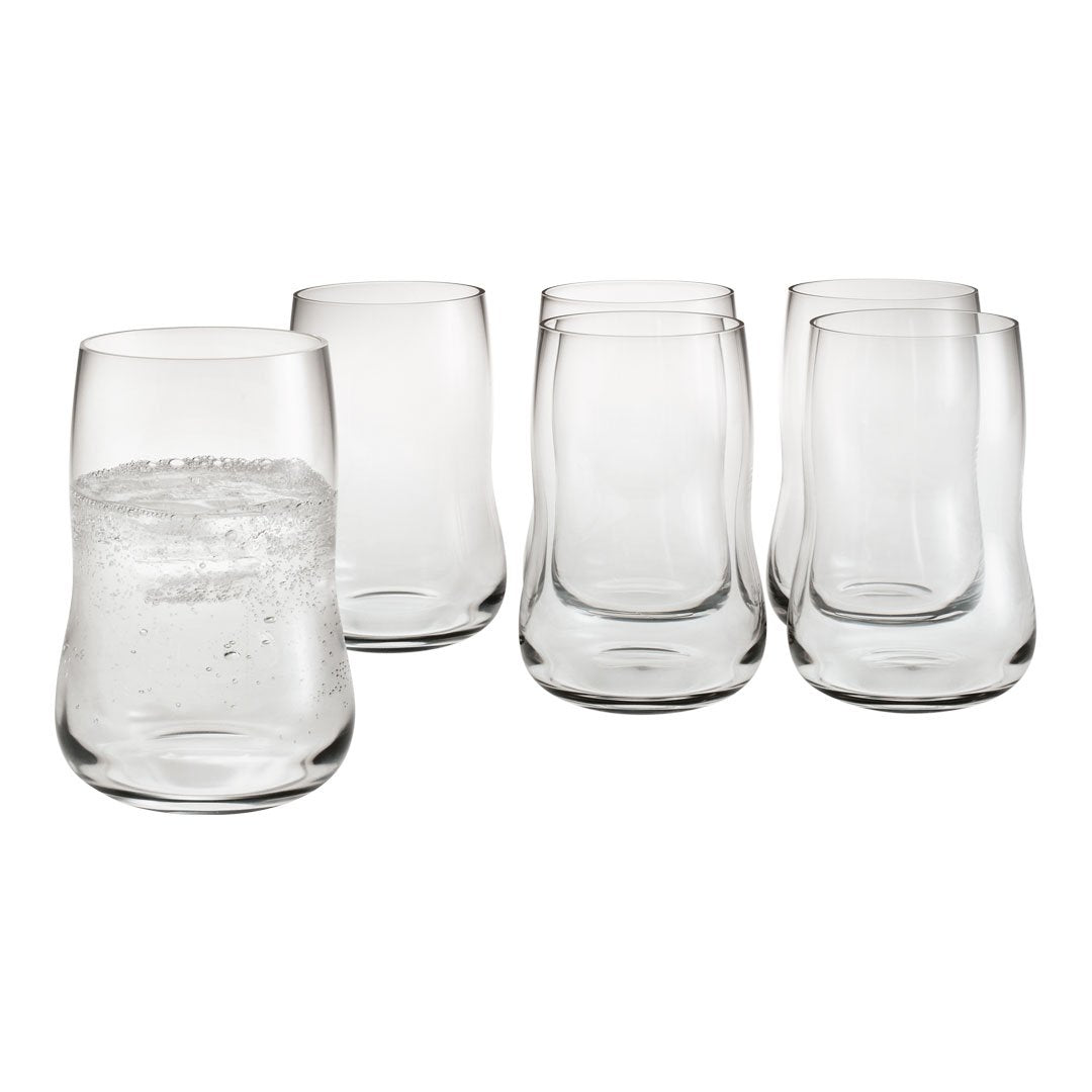 Set of five clear glass tumblers with a smooth, curved design and minimalistic style, perfect for any table setting.
