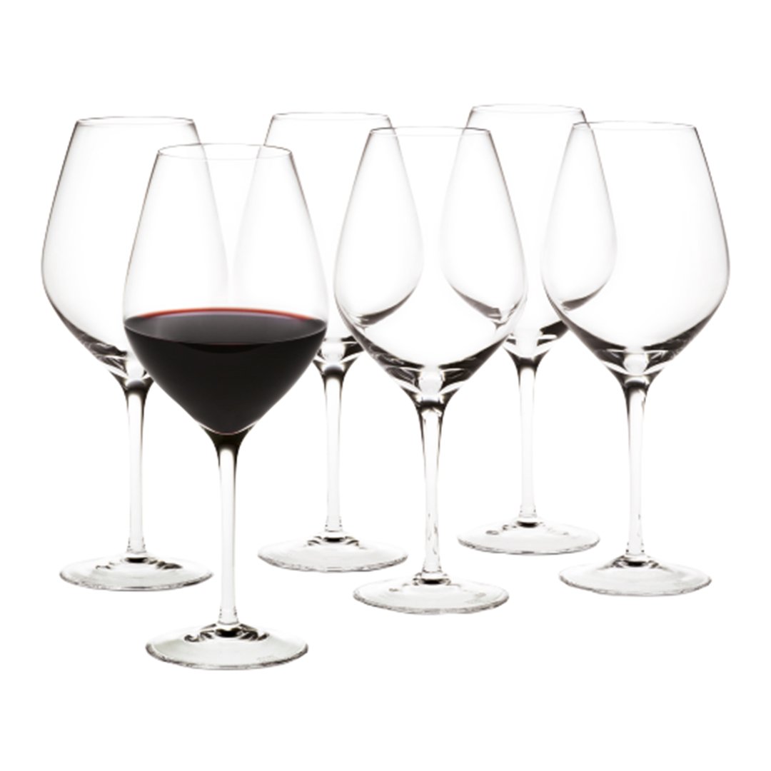 Set of six elegant wine glasses, showcasing clear glass with a sleek design, featuring a rich red wine in one glass.
