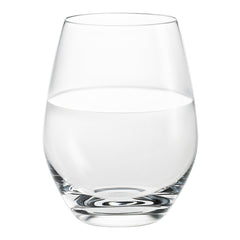 Clear glass tumbler with a smooth, minimalist design, showcasing its transparency and elegant curves.