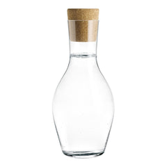 Clear glass carafe with a natural cork stopper, featuring a sleek, curvy shape. Perfect for elegant serving.