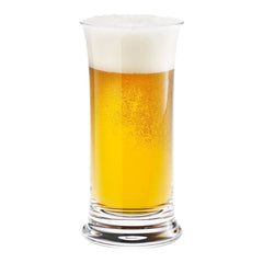 Golden amber beer with a frothy white head, showcasing bubbles and a sleek glass design. Perfect for beverage lovers.