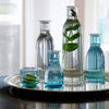 Assorted glass bottles in shades of blue and clear with green leaf accents, arranged on a silver tray.