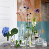 "Clear glass vases with pastel flowers against a textured blue and orange wall backdrop."