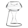 Clear glass vase with a sleek, modern design and minimalist metal stand, featuring smooth curves and a polished finish.