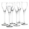 Set of six elegant crystal-clear champagne flutes featuring slender stems and smooth contours. Perfect for any occasion.