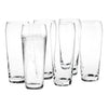 Set of six clear glass tumblers with a sleek, modern design and varying shapes showcasing smooth surfaces and subtle reflections.