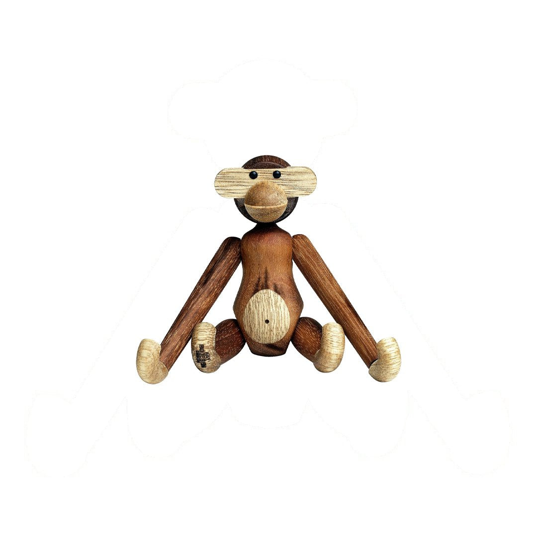Wooden monkey figurine in shades of brown and tan, featuring a simple, playful design.