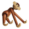 Wooden monkey figurine with a rich brown finish and lighter beige accents, featuring articulated limbs and a playful design.