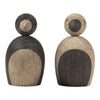 "Set of two decorative wooden figures, featuring contrasting light and dark wood finishes with smooth, rounded shapes."