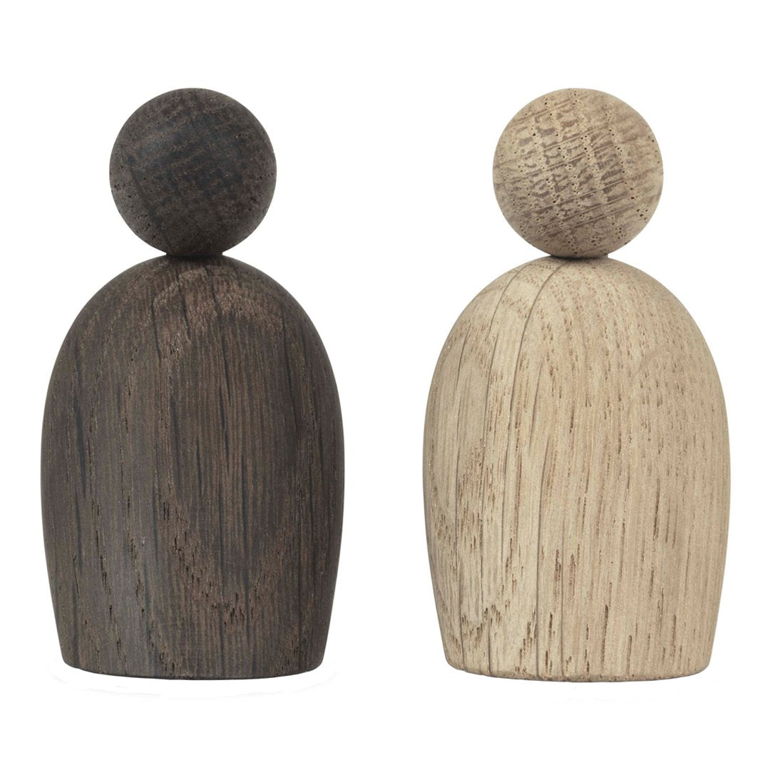 "Wooden figure set in dark brown and light beige with smooth and textured finishes."