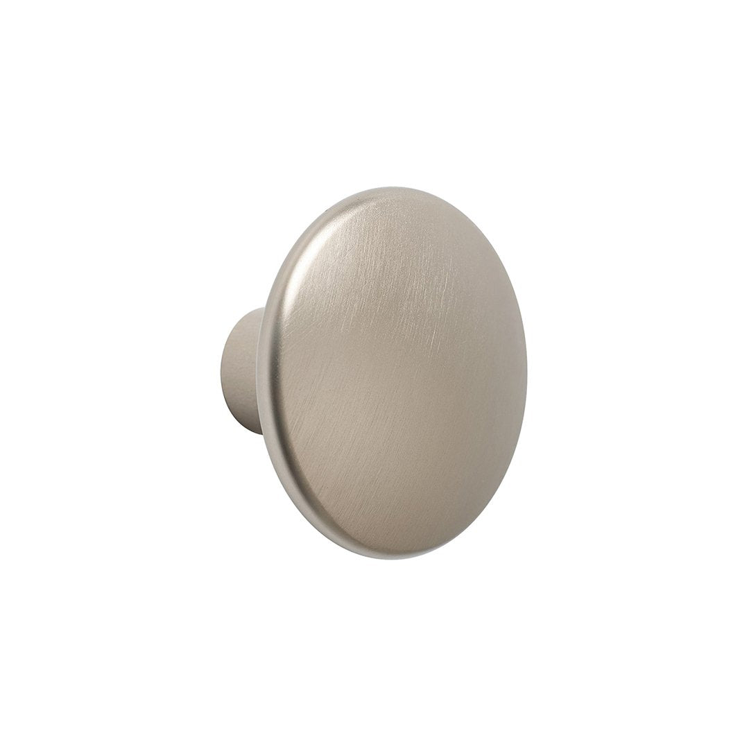Brushed nickel round cabinet knob with a smooth, metallic finish. Elegant and modern design for any home decor.