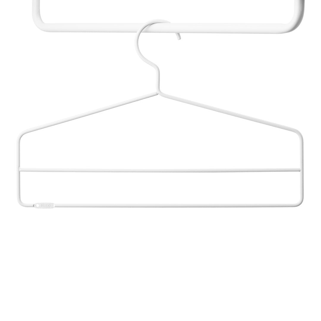 Minimalist white wire hanger with a sleek design, perfect for organizing clothes neatly.