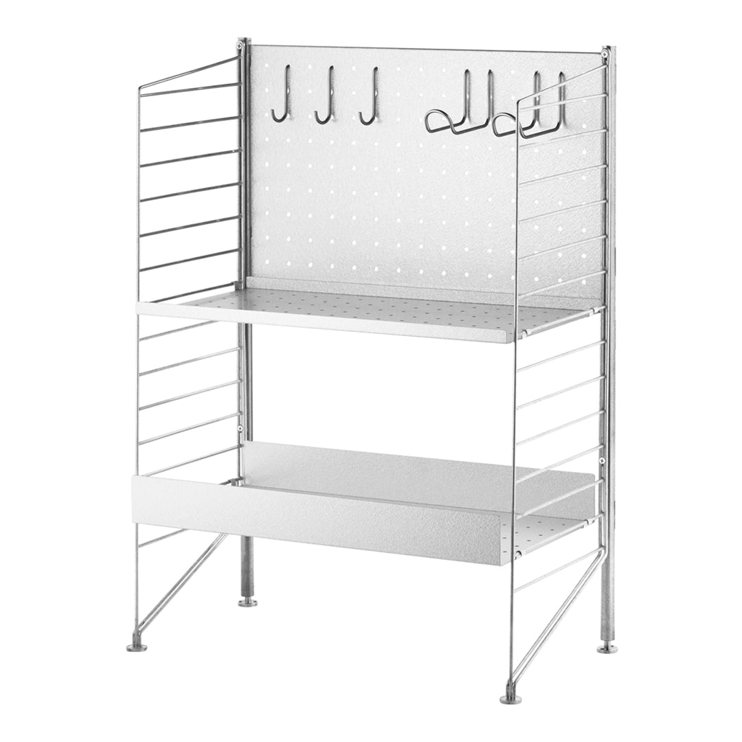 Metal storage rack with a sleek silver finish and a pegboard back, featuring multiple hooks and open shelving.