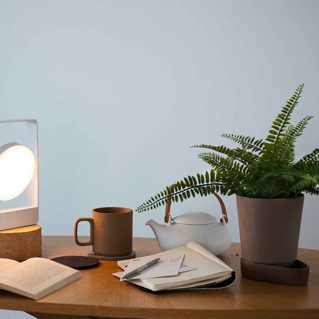 Modern desk setup featuring a white lamp, brown ceramic mug, and green fern in a neutral-toned pot against a soft blue background.