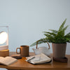 Modern desk setup featuring a white lamp, brown ceramic mug, and green fern in a neutral-toned pot against a soft blue background.